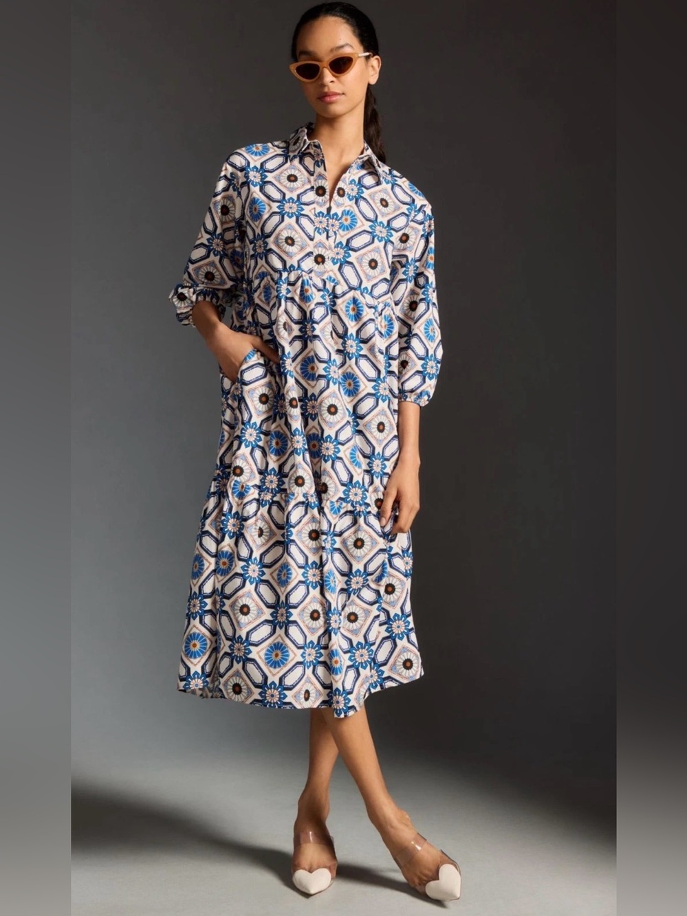 Anthropologie Maeve Bettina Midi Tiered Dress I. sapphire White Tile Print , XXS